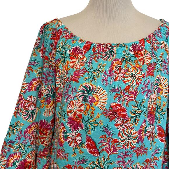 Stella Parker Colorful Tropical Top Womens Medium Turquoise Floral Cotton Blouse - Picture 3 of 7